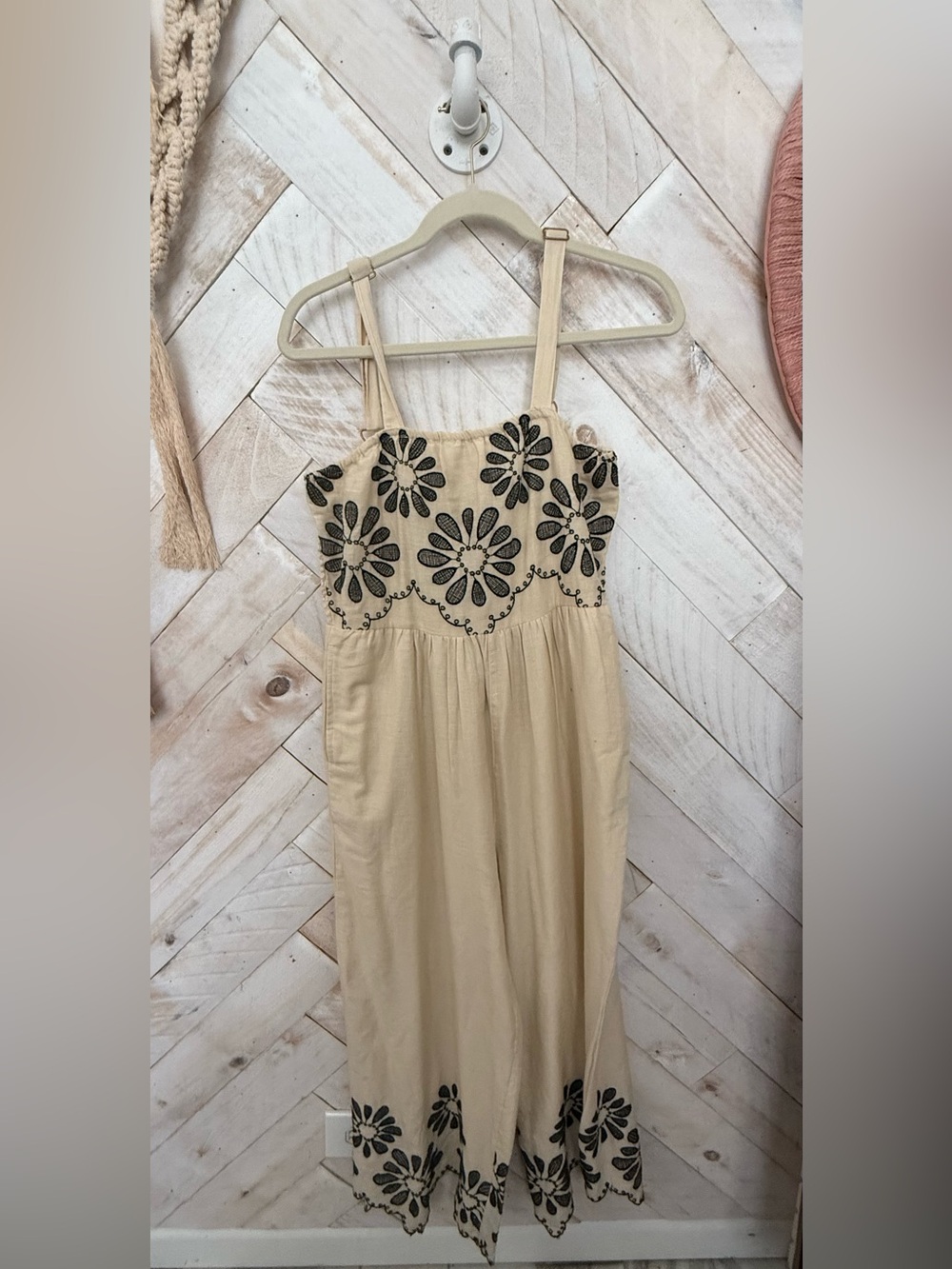 Womens Cream Embroidered Floral Romper with Black Accents